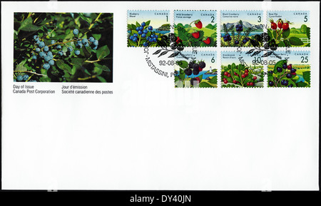 Prima commemorative day cover Canada francobolli bacche commestibili con timbro postale Mistassini 5 Agosto 1992 Foto Stock