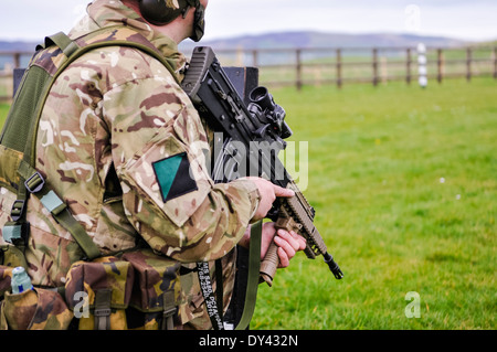 Un soldato dal Royal Irish Regiment treni su un militare di tiro con una SA80 L85A2 Foto Stock