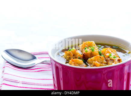 Zuppa di cipolle alla francese con crostini e fuso il formaggio cheddar Foto Stock