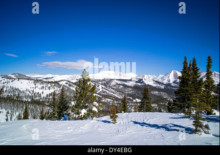 Winter panorama view of Monarch Ski & Snowboard resort from Snow Stake Bowl, Colorado, USA Foto Stock