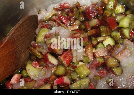 Rabarbaro, zucchero e apple pronti a fare jam Rheum rhabarbarum Foto Stock