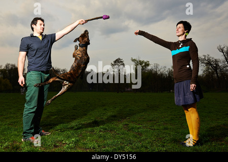 Felice Coppia Giovane giocando con il loro cane salto nel Parco Foto Stock