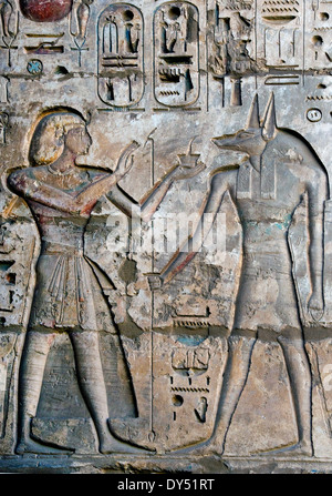 Tempio di Ramses III a Medinet Habu: rilievi sulla parete del primo cortile.re offerta a Dio Anubis. Foto Stock