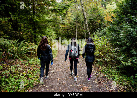 Tre giovani femmine gli escursionisti a piedi attraverso il legno, Squamish, British Columbia, Canada Foto Stock
