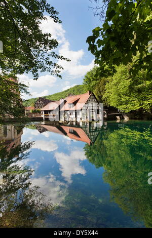 Mill riflettendo in primavera Blautopf, Blaubeuren, Svevo, Baden Wurttemberg, Germania, Europa Foto Stock