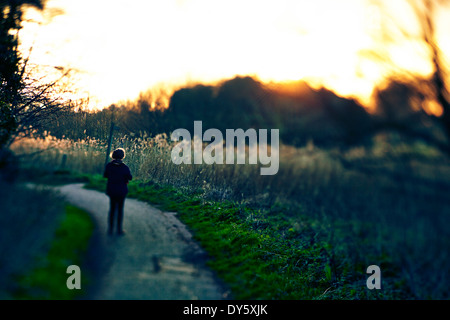 Donna in piedi sul sentiero al crepuscolo con canne e tramonto e effetto di messa a fuoco lensbaby Foto Stock