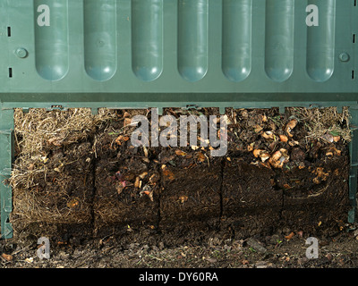 Primo piano della plastica verde compost bin con parte inferiore rimosso per mostrare il suolo avanzato processo di decomposizione Foto Stock