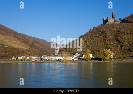 Il castello di Maus sopra St Goarshausen-Wellmich, Reno, Renania-Palatinato, Germania Foto Stock