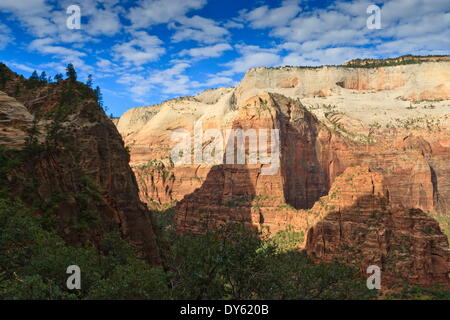 Vista in Zion Canyon dal sentiero per punto di osservazione, il Parco Nazionale di Zion, Utah, Stati Uniti d'America, America del Nord Foto Stock