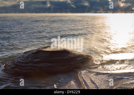 Cono di pesca Geyser con nebbie, Lago Yellowstone presso il West Thumb Geyser Basin, il Parco Nazionale di Yellowstone, sito UNESCO, STATI UNITI D'AMERICA Foto Stock