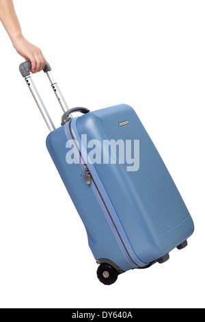 Valigia in mano isolati su sfondo bianco Foto Stock