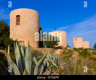 Javea Xabia Molins de la Plana vecchi mulini a vento in muratura Alicante Spagna Foto Stock