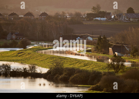 Vista del fiume Parrett nuovi membri con acqua versando sopra le sue banche in Southlake Moor durante le inondazioni del Somerset livelli UK Foto Stock