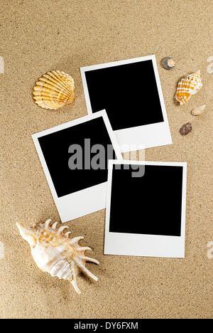 Instant photo frame sulla spiaggia con conchiglie intorno Foto Stock