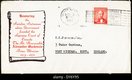 Busta commemorativa Canada francobollo il Primo Ministro Alexander Mackenzie 1873 - 1878 con timbro postale Calgary Alberta 3 Novembre 1952 Foto Stock