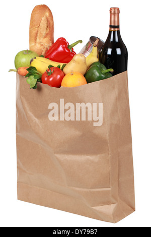 Negozi di generi alimentari in un sacchetto di carta tra cui frutta e verdura e bevande Foto Stock