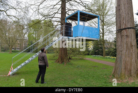 Oldenburg (Germania). 08 apr 2014. Una donna di viste di un albero di casa che è stata fissata per gli alberi con cavi di acciaio nei giardini del palazzo a Oldenburg, Germania, 08 aprile 2014. Albero di quattro case e una casa su un laghetto si suppone per offrire ai visitatori nuove vedute del parco in occasione del suo bicentenario. Foto: CARMEN JASPERSEN/DPA/Alamy Live News Foto Stock