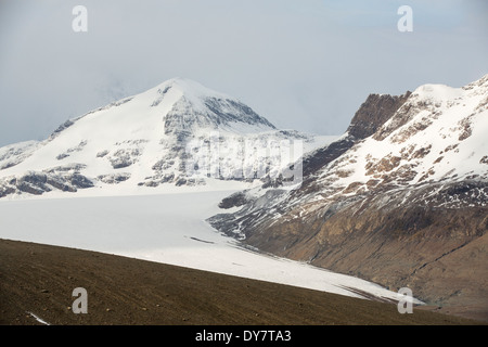 Montagne sopra Fortuna Bay sulla Georgia del Sud nell'Oceano del Sud e rapidamente un ghiacciaio in ritirata. Foto Stock