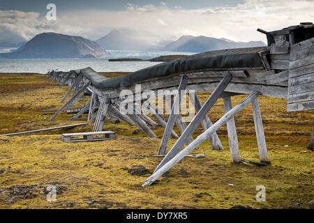 Vecchia conduttura di acqua, su palafitte sopra di terra a causa del permafrost, Kongsfjorden, Ny-Alesund, Spitsbergen, isole Svalbard Foto Stock