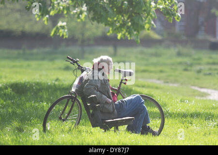 Il torneo di Wimbledon di Londra, Regno Unito. Il 9 aprile 2014. Un uomo su una panchina nel parco gode di sole in una giornata di primavera su Wimbledon Common Credit: amer ghazzal/Alamy Live News Foto Stock