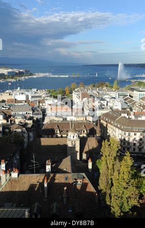 La Svizzera, Ginevra, tetti, panoramica, lago ginevrino, Leman, lago, jet, fontana Jet d'Eau, Foto Stock