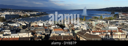 La Svizzera, Ginevra, tetti, panoramica, lago ginevrino, Leman, lago, jet, fontana Jet d'Eau, Foto Stock