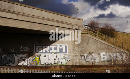 Esempio di graffito / graffiti nel paesaggio urbano. A nord-est dell' Inghilterra, Regno Unito. Foto Stock