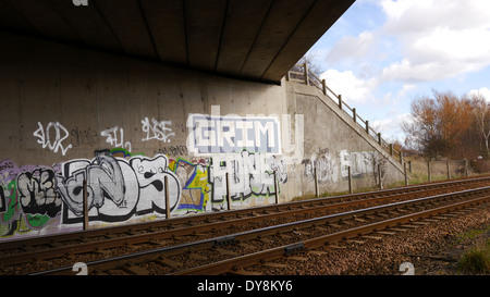 Esempio di graffito / graffiti nel paesaggio urbano. A nord-est dell' Inghilterra, Regno Unito. Foto Stock