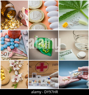 Concetto di medicina alternativa e pagamento congiunto farmaceutica, concetto di collage Foto Stock