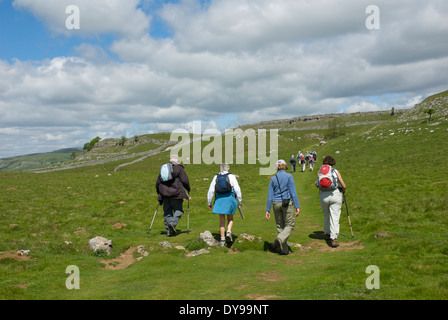 Walkers sul Dales modo, vicino Grassington, Wharfedale, Yorkshire Dales National Park, North Yorkshire, Inghilterra, Regno Unito Foto Stock