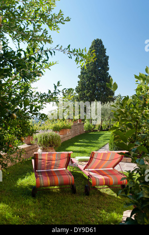 Pair of striped sunloungers in Umbrian garden rich with plants and trees Foto Stock