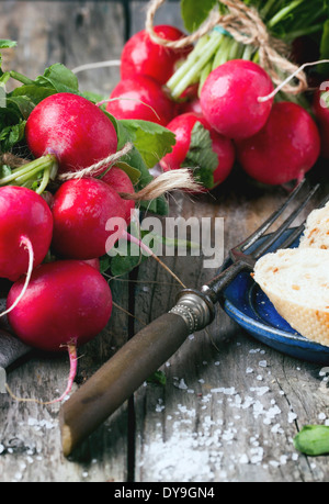 Fresche ravanelli bagnato con forcella vintage, sale marino e pane su un vecchio tavolo in legno Foto Stock