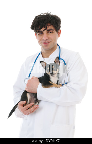 Bello veterinario con cane isolate su sfondo bianco Foto Stock