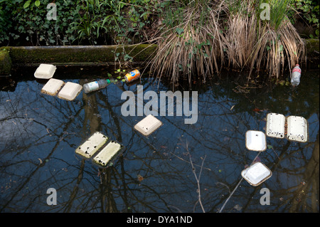 Cambridge, Cambridgeshire, Inghilterra. 9 aprile 2014. Cibo da asporto contenitori di polistirene galleggianti in un'acqua Trinity College Foto Stock