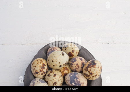 Uova di quaglia sono piccole e colorate. Essi possono essere consumate crude o cotte. Le uova di quaglia sono in una scatola di cartone. Foto Stock