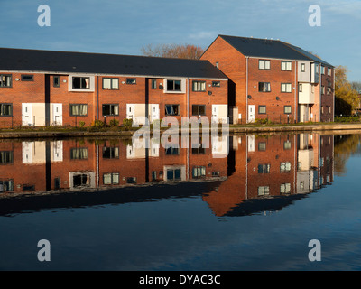 Banca Canale di Beagle case riflessa nell'Ashton Canal, Droylsden Marina, Tameside, Manchester, Inghilterra, Regno Unito Foto Stock