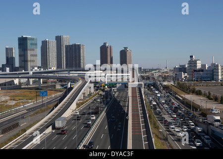 Asia Giappone Tokyo Città Architettura ponte autostrada trafficata autostrada jam nuovi terreni bonificati stazione di trasporto del traffico viaggi, Foto Stock