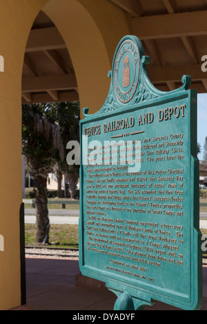 Marcatore storico, Venezia e Railroad Depot, Venezia, Florida, Stati Uniti d'America Foto Stock