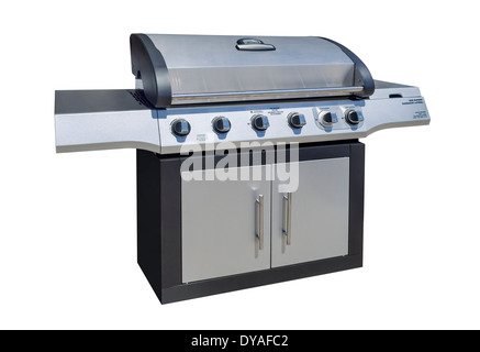 Barbecue grill a gas in acciaio inossidabile, isolato con percorso di clipping su bianco. Foto Stock