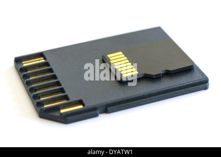 Scheda MicroSD per i dispositivi mobili e il lettore di schede SD ADAPTER isolato su bianco Foto Stock