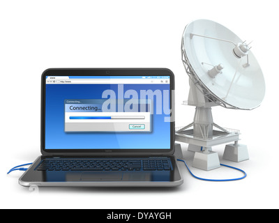 Accesso wireless a internet concetto. Laptop e la parabola satellitare. 3d Foto Stock