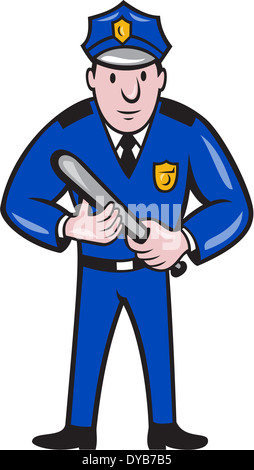 Illustrazione di un poliziotto ufficiale di polizia con night stick baton in piedi rivolto verso la parte anteriore su sfondo isolato fatto in stile cartoon. Foto Stock