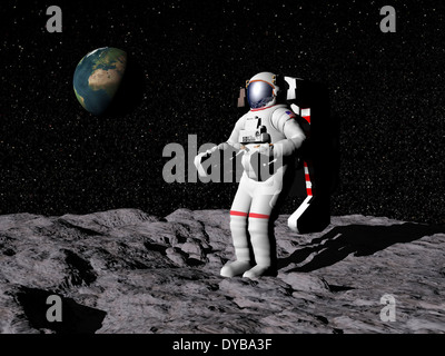 Astronauta sulla luna con la terra in background. Foto Stock