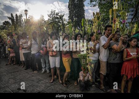 Quezon, Filippine. Xiii Apr, 2014. I cattolici filippini portare le fronde delle palme durante una marcatura di massa Domenica delle Palme in una chiesa nella città di Quezon, suburbana Manila, Filippine, 13 aprile 2014. La domenica delle palme segna l inizio della Settimana Santa durante il tempo quaresimale del romano calendario cattolico.Foto: Ezra Acayan/NurPhoto Credito: Ezra Acayan/NurPhoto/ZUMAPRESS.com/Alamy Live News Foto Stock