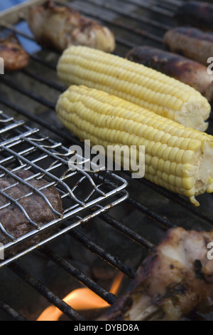 Close up di salsicce, pollo,sulla pannocchia di mais e hamburger di manzo su un barbecue giardino Foto Stock