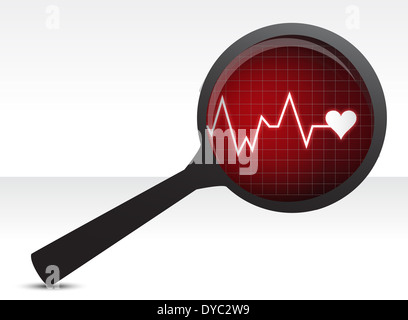 Cuore checkup, lente di ingrandimento illustration design su bianco Foto Stock