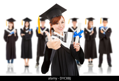 Piuttosto la laurea studente pollice in alto con i compagni di classe Foto Stock