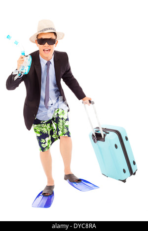 Funny imprenditore tenendo scuba rotismo e bagaglio Foto Stock