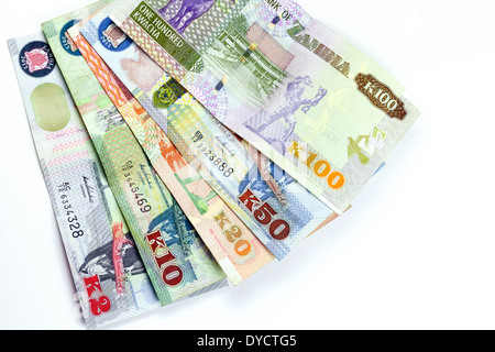 Zambia moneta - Kwacha note da 2 a 100 Kwacha - La valuta dello Zambia, Africa Foto Stock