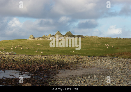 In pietra a secco costruiti derelitti croft sull isola di Bressay, isole Shetland. Foto Stock